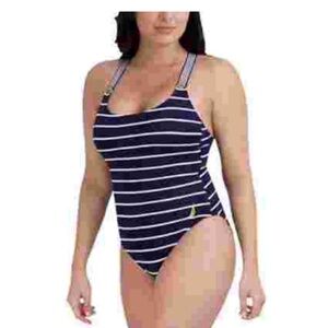 Nautica Women’s One Piece Swim Suit Cross Back Navy White Stripe XL